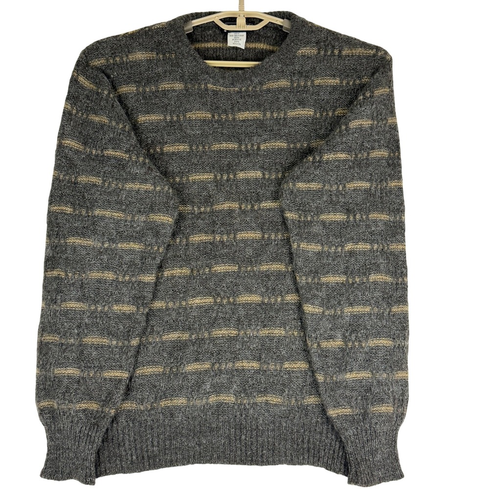 Vintage Attache Mens M Kid Mohair Sweater Made Italy Gray Tan Striped Knit